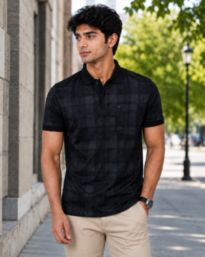 Men's Black Self-Check Polo T-Shirt | Premium Cotton | Regular Fit | Half Sleeve Smart Casual Polo Tee 148-268-BLK