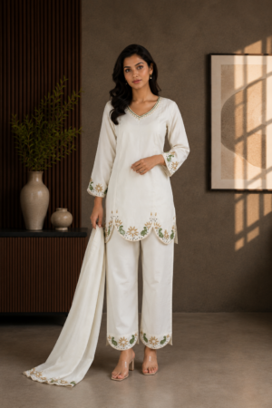 Women's White Embroidered Cotton Kurta Palazzo Set with Dupatta | V-Neck | Full Sleeves | Festive, Casual & Ethnic Wear CV01-419-CRM-EMB