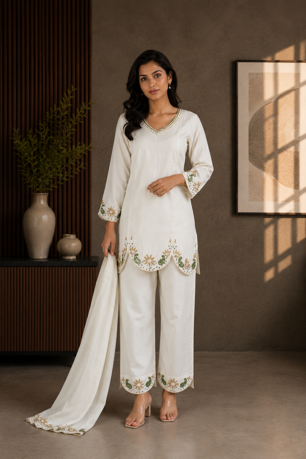 Women's White Floral Embroidered Kurta Palazzo Set with Dupatta | Regular Fit | 3/4 Sleeves | Ethnic, Festive & Party Wear CV01-419-OW GRN-EMB