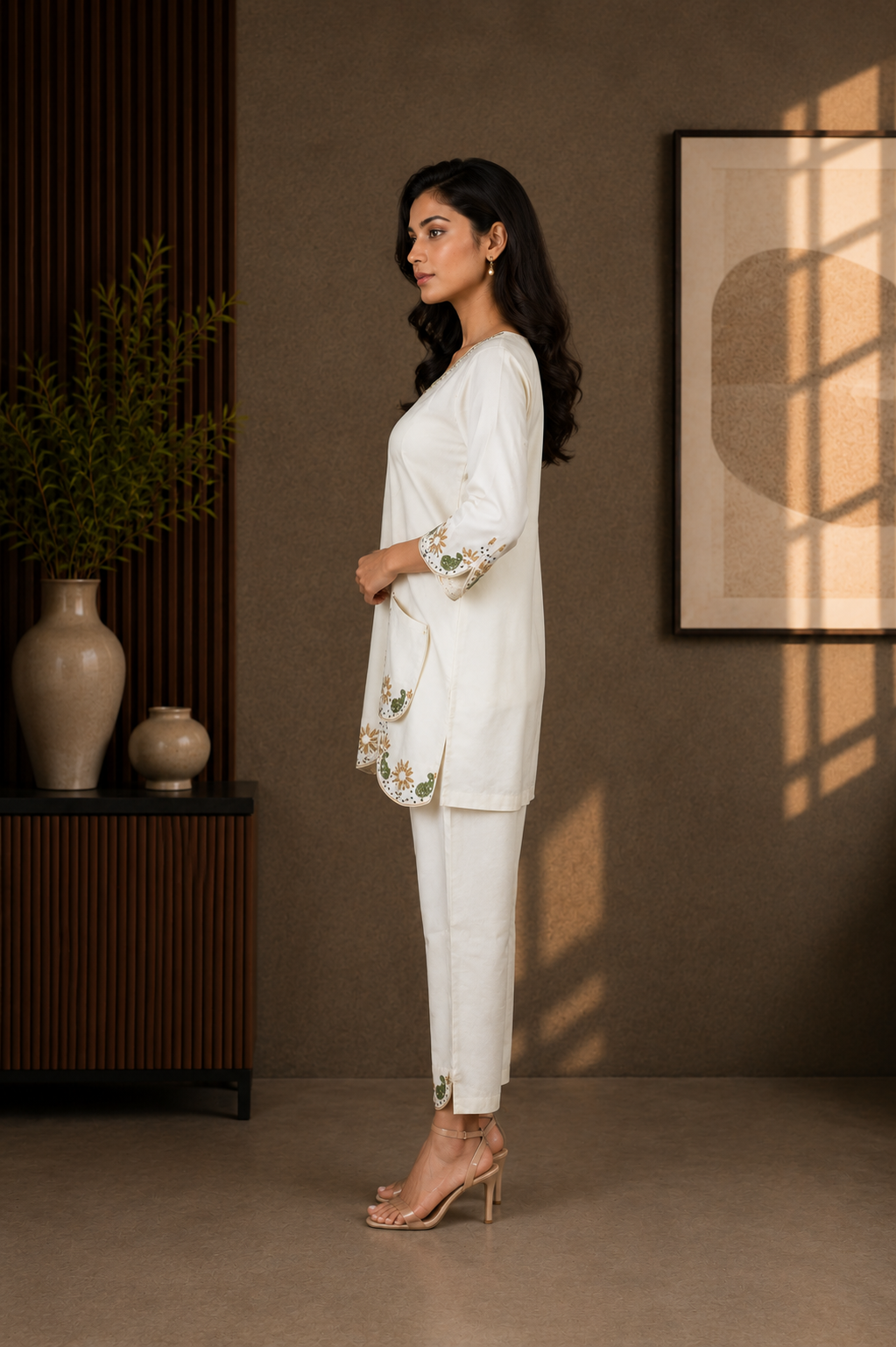 Women's White Floral Embroidered Kurta Palazzo Set with Dupatta | Regular Fit | 3/4 Sleeves | Ethnic, Festive & Party Wear CV01-419-OW GRN-EMB - Image 2