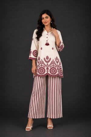 Women's Off-White & Maroon Printed Kurta with Striped Palazzo Pants Set | Regular Fit | 3/4 Sleeves | Ethnic Casual & Festive Wear CV02-419-LMN-PR