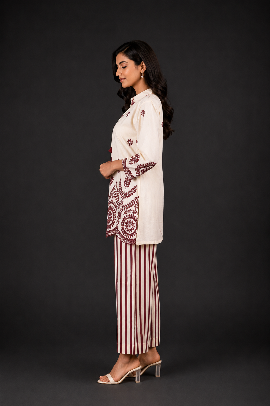Women's Off-White & Maroon Printed Kurta with Striped Palazzo Pants Set | Regular Fit | 3/4 Sleeves | Ethnic Casual & Festive Wear CV02-419-LMN-PR - Image 2