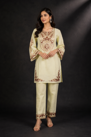 Women's Cream Embroidered Kurta & Straight Pants Set | Regular Fit | 3/4 Sleeves | Ethnic, Festive & Office Wear CV06-419-LMN-EM