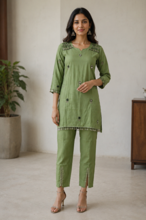 Women's Olive Green Embroidered Straight Kurta with Pants | 3/4 Sleeve Ethnic Cotton Kurta Set VT09-417-GRN-EM