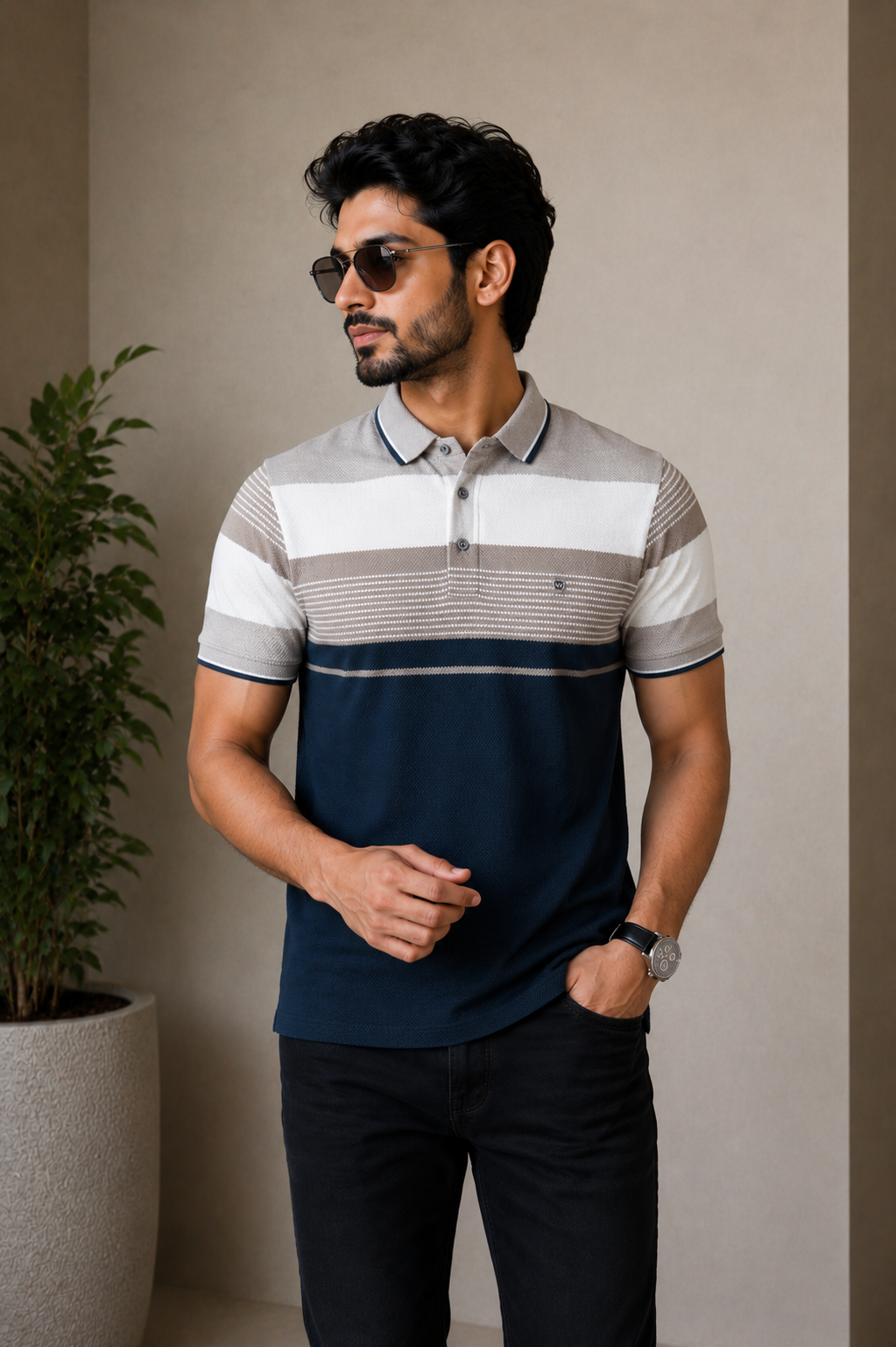 Men's Navy Blue, White & Grey Color Block Striped Polo T-Shirt | Premium Cotton Polo Neck Tee 33895-268-AR FRC
