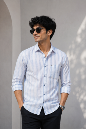Men's Sky Blue Vertical Striped Full Sleeve Casual Shirt | Slim Fit | Button-Down | Premium Cotton Blend | Office & Casual Wear 7802-357-BLU.LNN