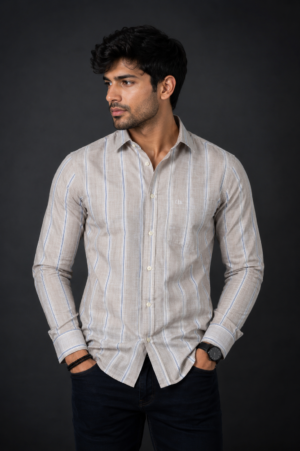 Men's Beige Vertical Striped Full Sleeve Casual Shirt | Slim Fit | Button-Down | Premium Cotton Blend | Office & Casual Wear 1942-49-L MVE