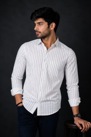 Men's White Pinstripe Full Sleeve Casual Shirt | Slim Fit | Button-Down | Premium Cotton Blend | Office & Casual Wear 1943-47-WHT LNN
