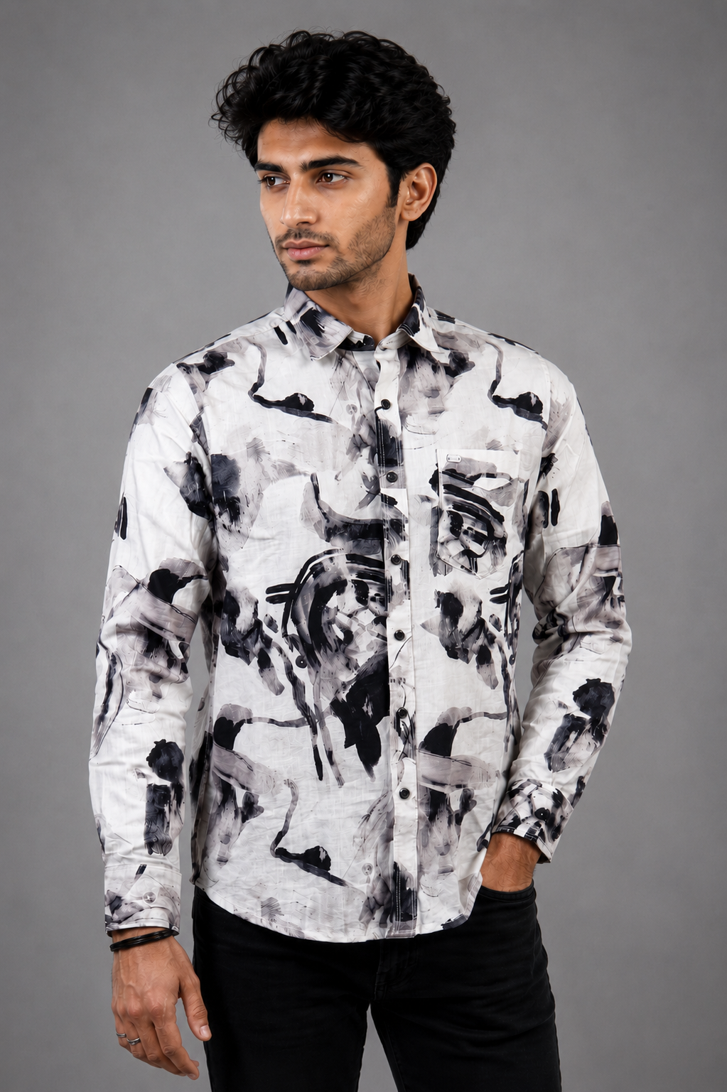 Men's White & Black Abstract Printed Full Sleeve Casual Shirt | Slim Fit | Button-Down | Premium Cotton Blend | Casual & Party Wear 5475-404-OW BLK-PR