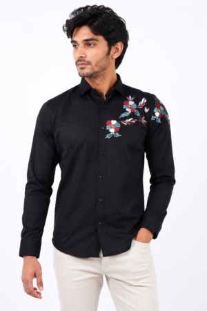 Men's Black Floral Embroidered Slim Fit Full Sleeve Casual Shirt | Soft Cotton Blend | Stylish Party & Smart Casual Wear 18305-401-BLK