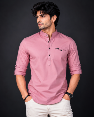 Men's Solid Dusty Pink Mandarin Collar Roll-Up Sleeve Slim Fit Casual Cotton Shirt INFINNITY-374-ONN