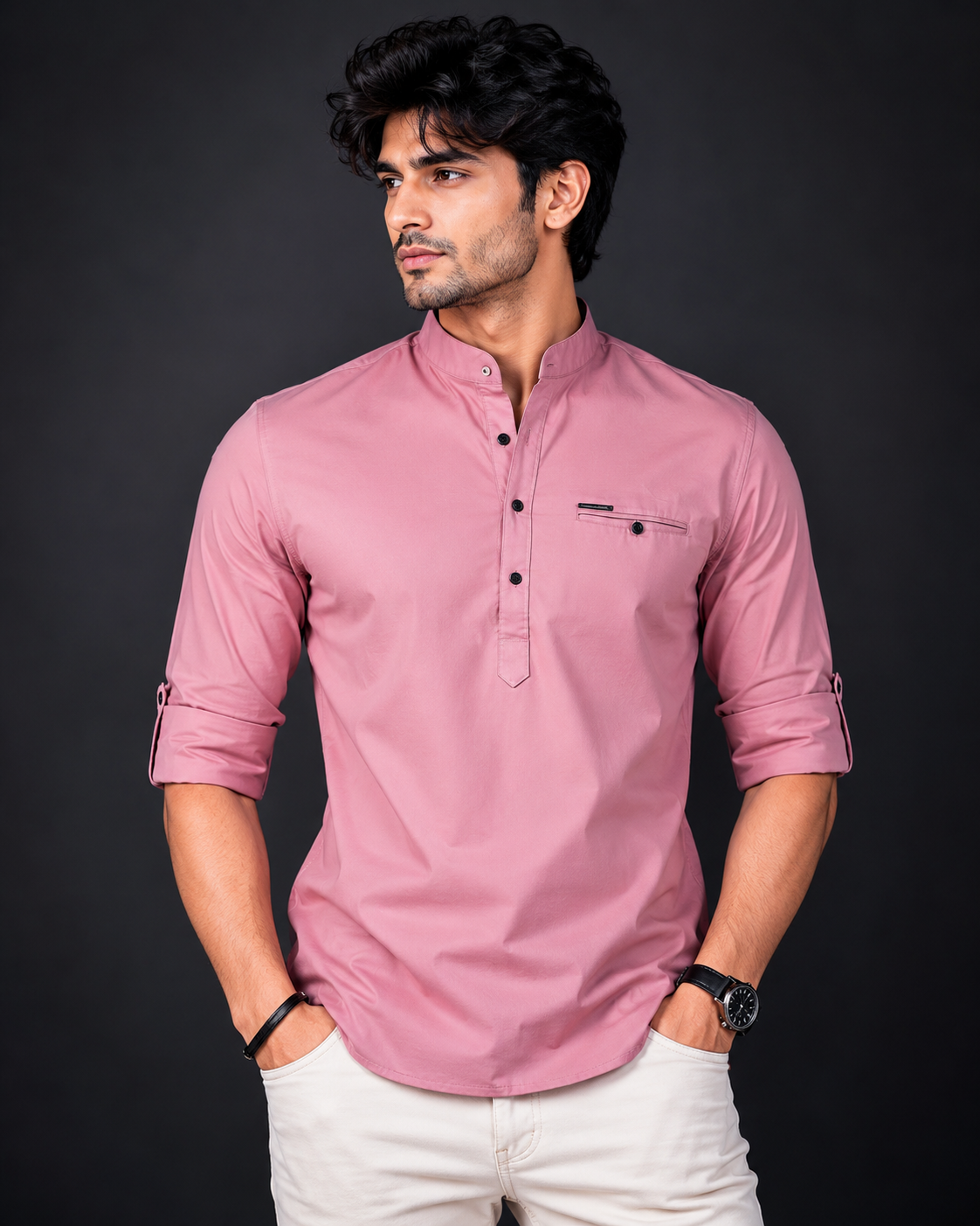 Men's Solid Dusty Pink Mandarin Collar Roll-Up Sleeve Slim Fit Casual Cotton Shirt INFINNITY-374-ONN