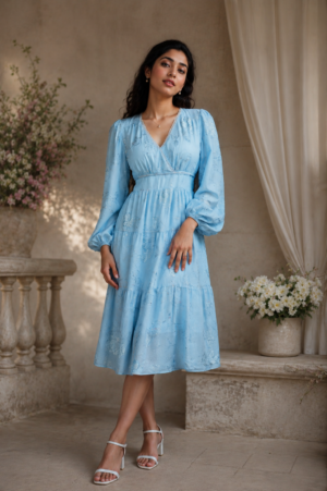 Women's Sky Blue V-Neck Puff Sleeve Fit & Flare Midi Dress | Elegant Casual & Party Wear 1495-24-BLU-EM
