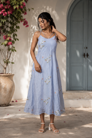 Women's Sky Blue Floral Embroidered Sleeveless A-Line Maxi Dress | Soft & Comfortable Casual & Party Wear 1260-24-SBLU-EM
