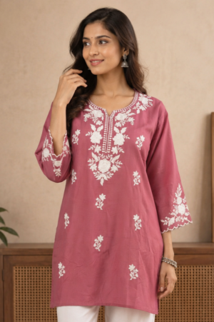 26 Women's Dusty Rose Floral Embroidered Cotton Straight Kurta | Round Neck | 3/4 Sleeves | Ethnic Casual, Office & Daily Wear 26-24-ONN-EM