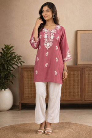 Women's Dusty Rose Floral Embroidered Cotton Straight Kurta | Round Neck | 3/4 Sleeves | Ethnic Casual, Office & Daily Wear 26-24-ONN-EM