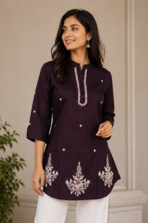 Women's Plum Embroidered Cotton Straight Kurta | Round Neck | 3/4 Sleeves | Ethnic Casual, Office & Daily Wear 108-24-D-LAV-EM