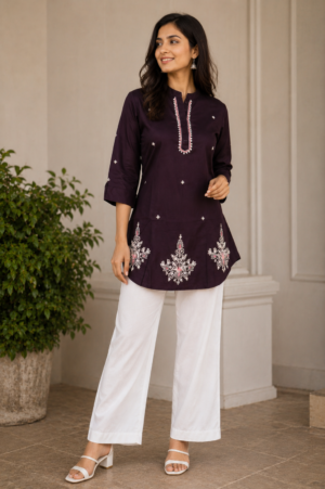 Women's Plum Embroidered Cotton Straight Kurta | Round Neck | 3/4 Sleeves | Ethnic Casual, Office & Daily Wear 108-24-D-LAV-EM