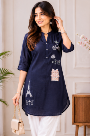 110 Women's Navy Blue Printed Cotton Straight Kurta | Round Neck | 3/4 Sleeves | Ethnic Casual, Office & Daily Wear 110-24-NVU-PR
