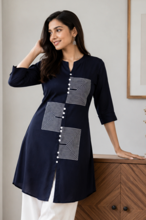 1318 Women's Navy Blue Cotton Straight Kurti with Printed Panel Design | 3/4 Sleeves | Casual, Office & Daily Wear 1318-415-NVU-WHT-BTN