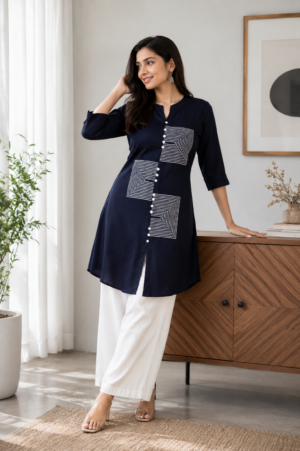 Women's Navy Blue Cotton Straight Kurti with Printed Panel Design | 3/4 Sleeves | Casual, Office & Daily Wear 1318-415-NVU-WHT-BTN