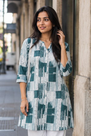1333 Women's Teal Abstract Printed Cotton A-Line Kurta | Mandarin Collar | 3/4 Sleeves | Ethnic Casual, Office & Daily Wear 1333-415-GRN-PR