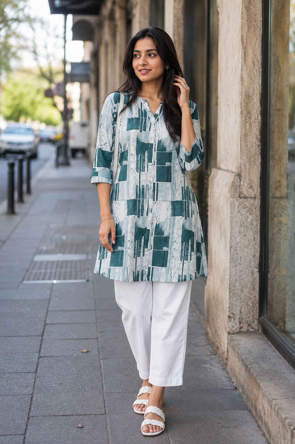 Women's Teal Abstract Printed Cotton A-Line Kurta | Mandarin Collar | 3/4 Sleeves | Ethnic Casual, Office & Daily Wear 1333-415-GRN-PR