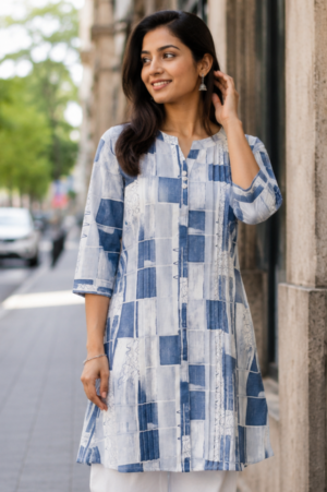 1333 Women's Blue Abstract Printed Cotton Straight Kurta | Round Neck | 3/4 Sleeves | Ethnic Casual, Office & Daily Wear  1333-415-BLU-PR