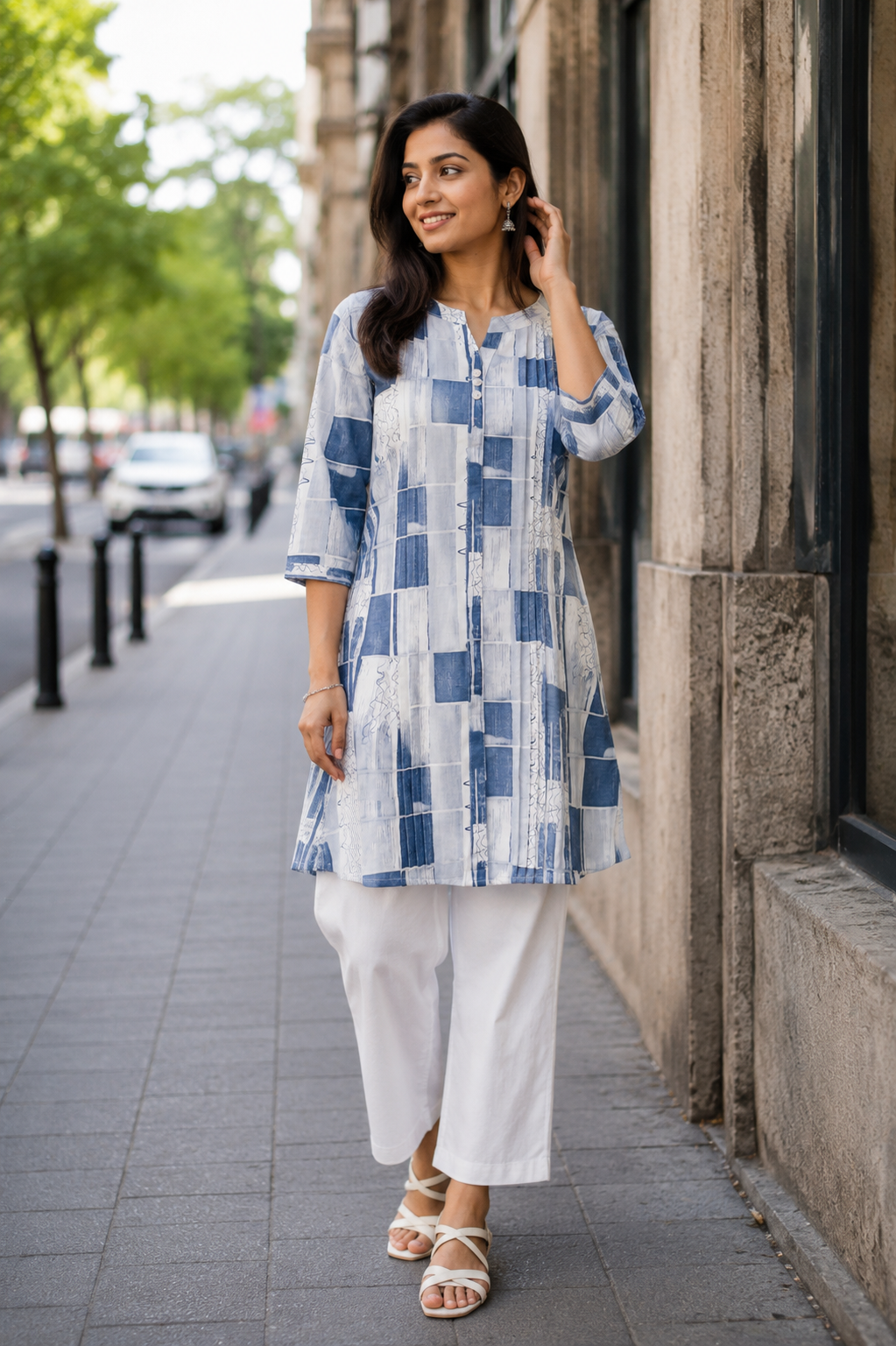 Women's Blue Abstract Printed Cotton Straight Kurta | Round Neck | 3/4 Sleeves | Ethnic Casual, Office & Daily Wear 1333-415-BLU-PR