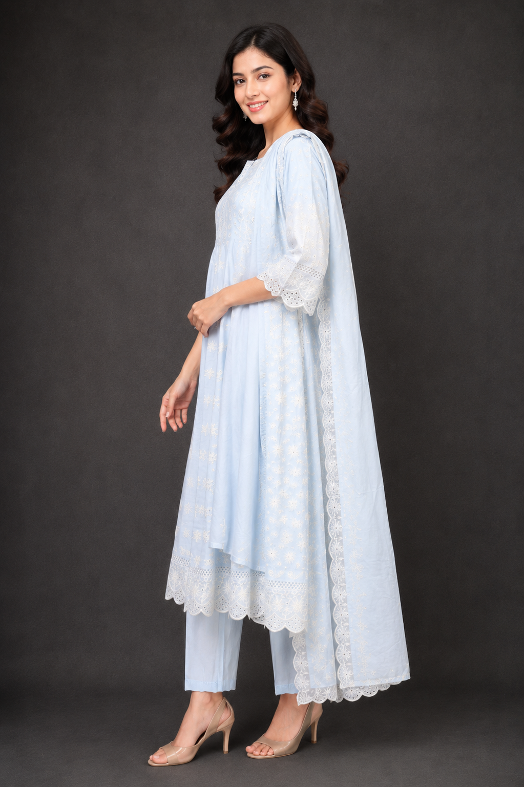 Women's Sky Blue Embroidered Straight Kurta Pant with Dupatta Set | Elegant Ethnic Wear | Regular Fit EA01-449-IBL-PR - Image 2