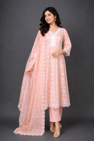 Women's Peach Embroidered Straight Kurta Pant with Dupatta Set | Elegant Ethnic Wear | Regular Fit EA01-449-LPC-PR