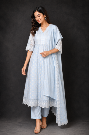 Women's Sky Blue Embroidered Straight Kurta Pant with Dupatta Set | Elegant Ethnic Wear | Regular Fit EA01-449-IBL-PR