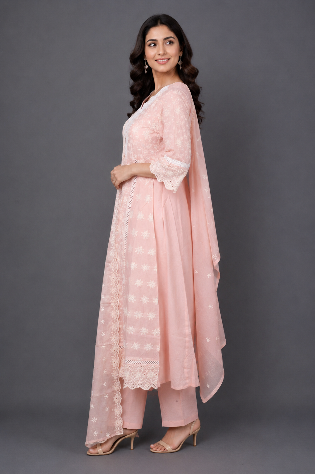 Women's Peach Embroidered Straight Kurta Pant with Dupatta Set | Elegant Ethnic Wear | Regular Fit EA01-449-LPC-PR - Image 2