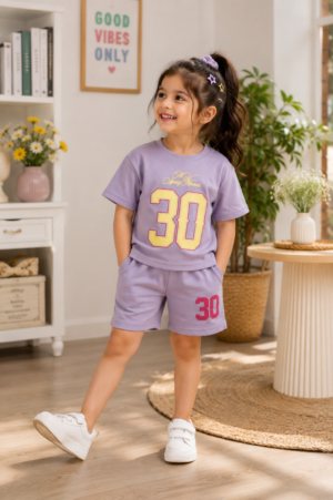 Girls Lavender Cotton T-Shirt & Shorts Co-Ord Set | Graphic Print | Soft & Comfortable Casual Summer Wear GL-1017-47-PPL-PR