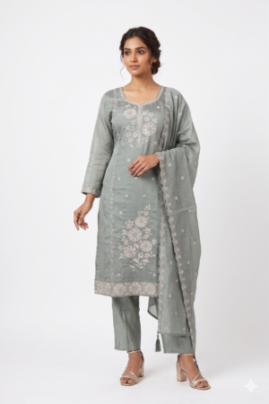 Women's Grey Embroidered Kurta Pant Set with Dupatta | Round Neck | 3-Piece Ethnic Suit | Festive, Party & Wedding Wear SL12-445-GRY-PR