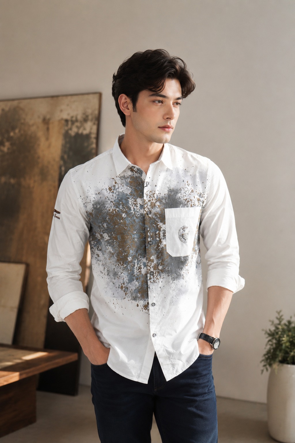 Men's White Abstract Printed Slim Fit Cotton Casual Shirt | Full Sleeve Button-Down Shirt for Casual, Party & Smart Casual Wear 543-371-WHT GRN-PR