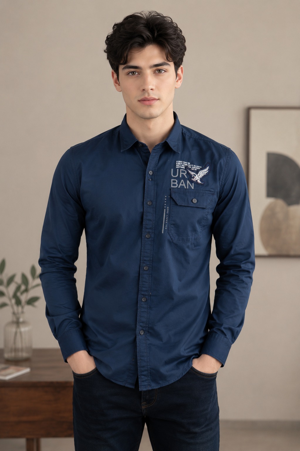 Men's Navy Blue Slim Fit Cotton Casual Shirt | Full Sleeve Solid Button-Down Shirt for Office, Casual & Party Wear 5508-404-BLU-PL