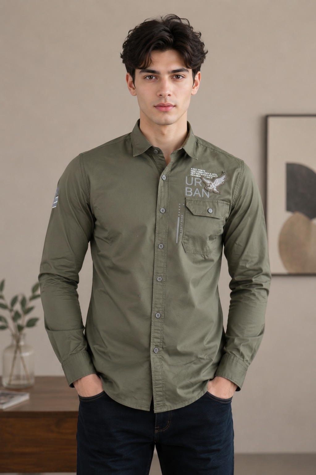 Men's Olive Green Slim Fit Cotton Casual Shirt | Full Sleeve Solid Button-Down Shirt for Office, Casual & Party Wear 5508-404-MND-PL