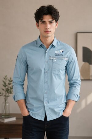 Men's Sky Blue Slim Fit Cotton Casual Shirt | Full Sleeve Solid Button-Down Shirt for Office, Casual & Party Wear 5550-404-LBU-PL