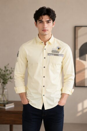 Men's Cream Slim Fit Cotton Casual Shirt | Full Sleeve Solid Button-Down Shirt for Office, Casual & Party Wear 5550-404-LMN-PL