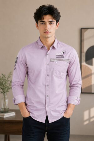 Men's Lavender Solid Full Sleeve Casual Shirt | Slim Fit | Utility Pocket Design | Button-Down | Premium Cotton Blend | Office & Casual Wear 5550-404-MVE-PL