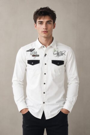 Men's White Graphic Print Full Sleeve Casual Shirt | Slim Fit | Utility Pocket Design | Button-Down | Premium Cotton Blend | Casual & Party Wear 5547-404-WHT.PR