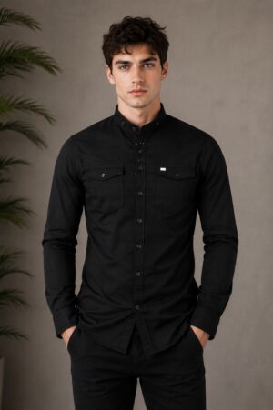 Men's Black Mandarin Collar Full Sleeve Casual Shirt | Slim Fit | Premium Cotton Blend | Button-Down | Casual & Party Wear 5555-404-BLK