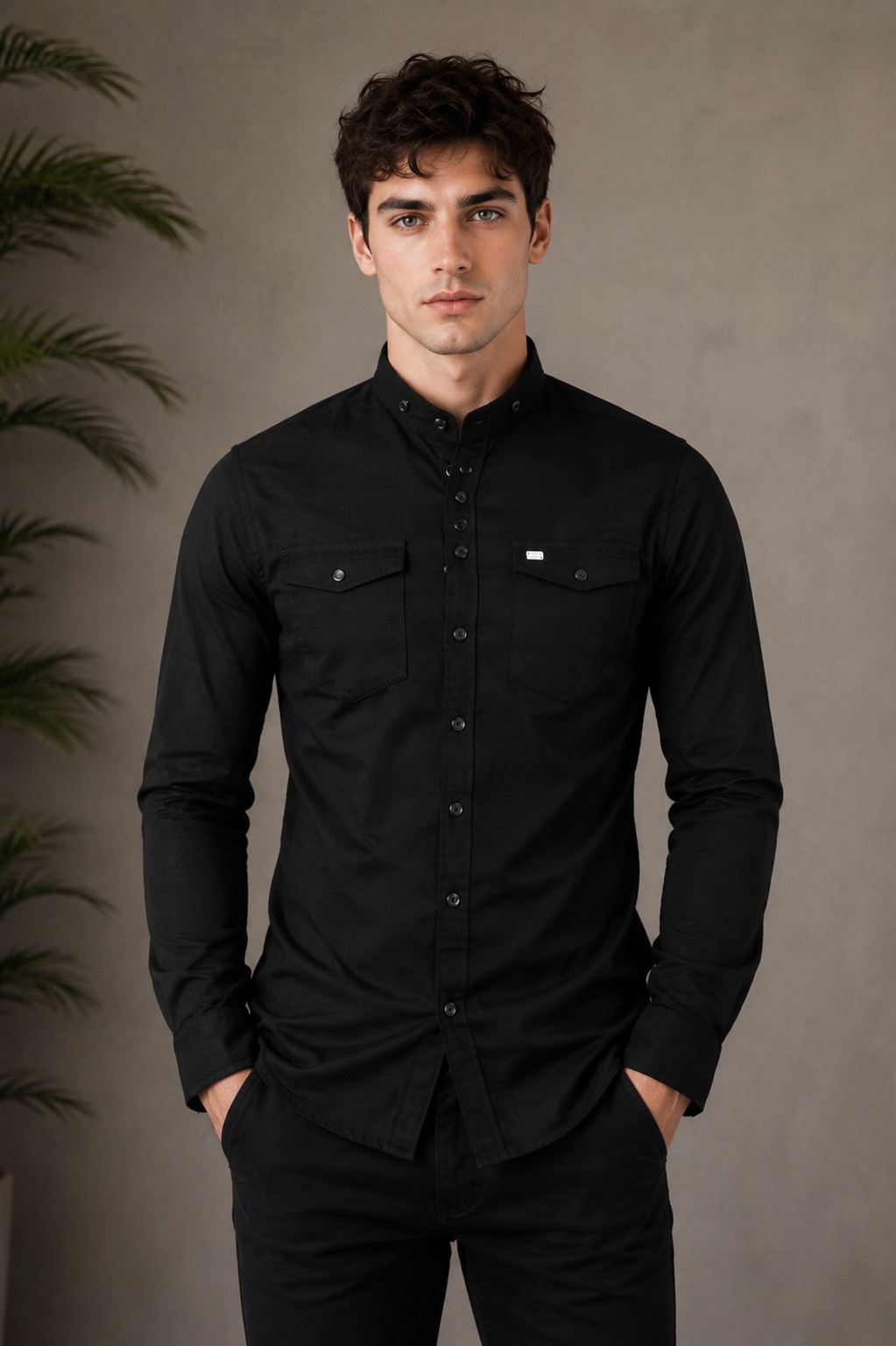 Men's Black Mandarin Collar Full Sleeve Casual Shirt | Slim Fit | Premium Cotton Blend | Button-Down | Casual & Party Wear 5555-404-BLK