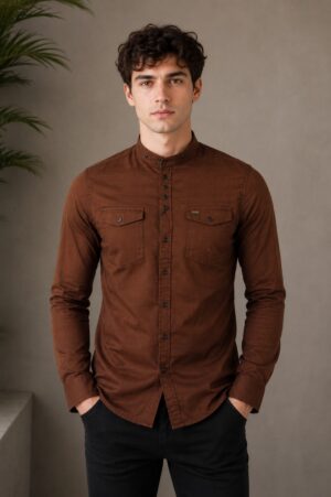 Men's Coffee Brown Mandarin Collar Full Sleeve Casual Shirt | Slim Fit | Premium Cotton Blend | Button-Down | Casual & Party Wear 5555-404-BWN