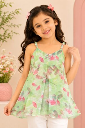 Girls Green Floral Print Sleeveless Peplum Top | Casual Summer Cotton Top 28417-394-GRN-PR