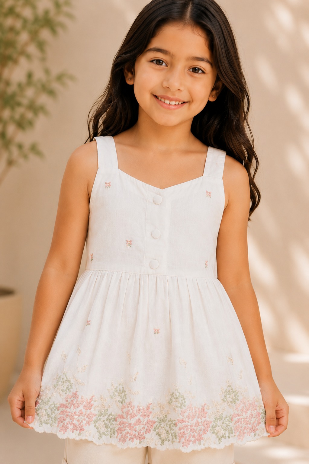 Girls White Floral Embroidered Sleeveless Fit & Flare Dress | Casual Summer Party Dress 5220-24-WHT-EM