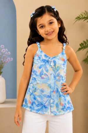 Girls Blue Floral Print Sleeveless Peplum Top | Casual Summer Cotton Top 28417-394-BLU-PR