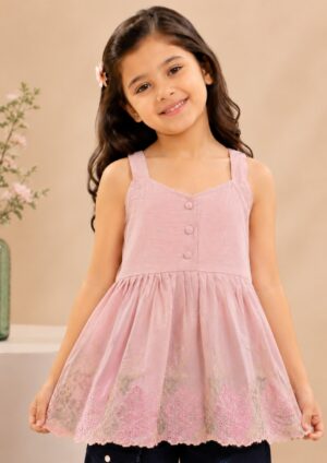 Girls Blush Pink Embroidered Sleeveless Peplum Top | Casual Summer Cotton Top 5220-24-ON-EM