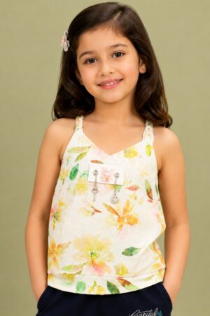Girls White Floral Print Cotton Cami Top | Casual Sleeveless Summer Top 2205-24-MLT-PR